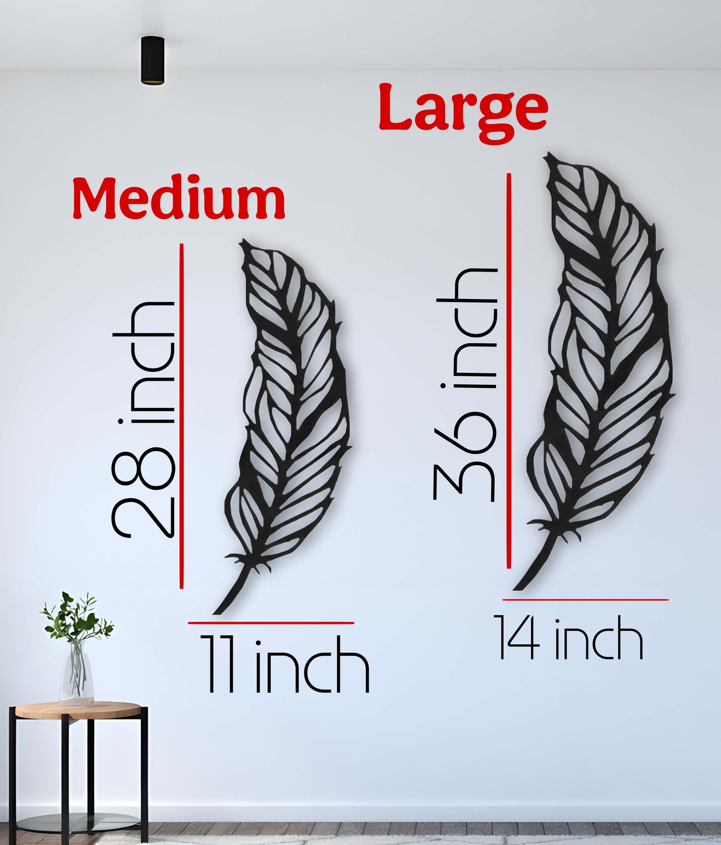 Modern black feather wooden wall art mounted on white wall in minimalist room with chair and hanging pendant lights