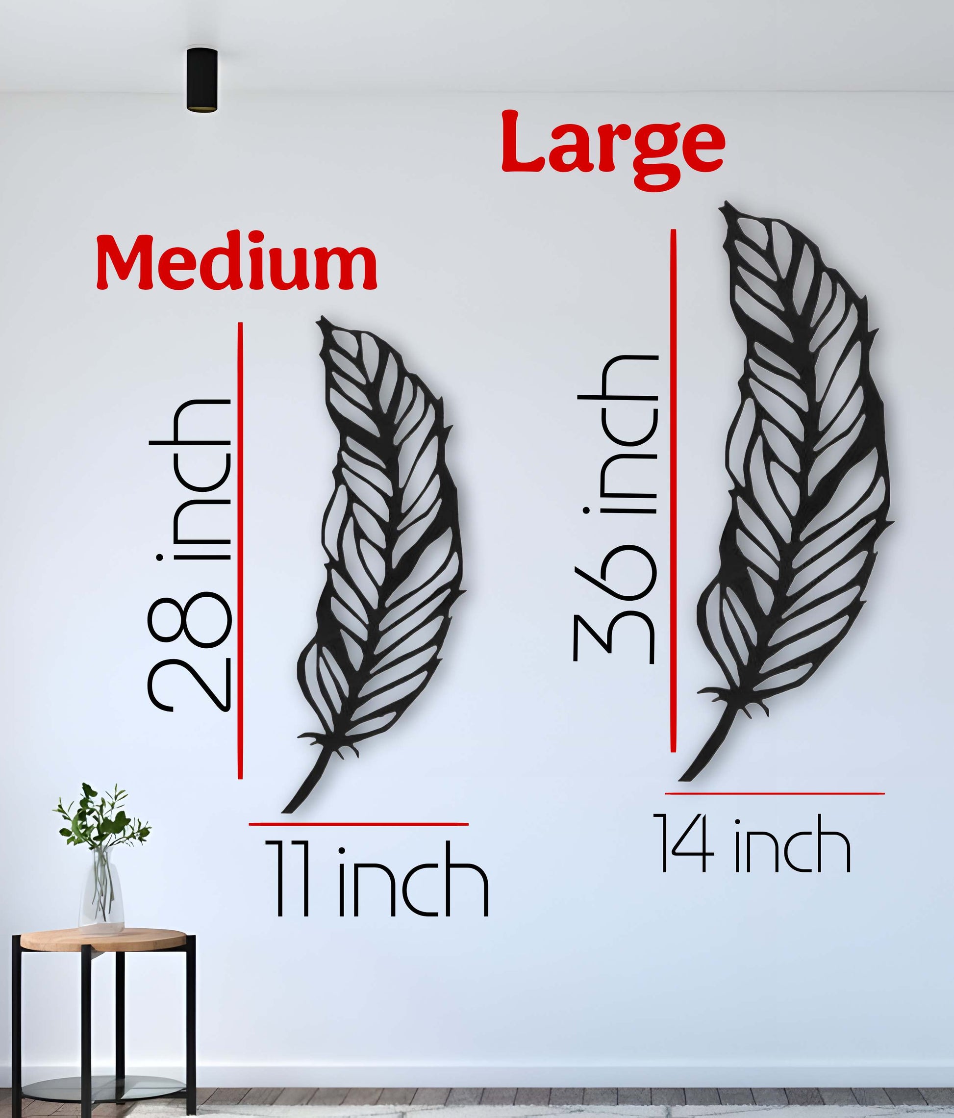 Modern black feather wooden wall art mounted on white wall in minimalist room with chair and hanging pendant lights