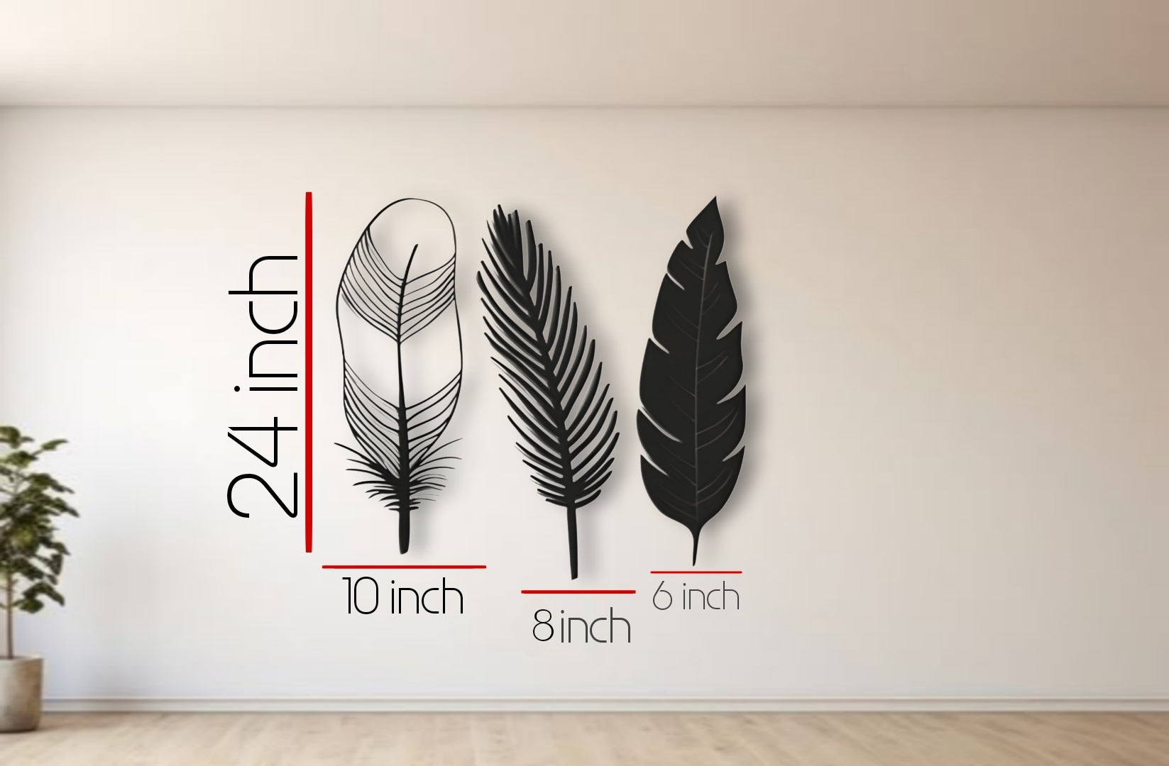 Three-piece modern feather wall art in black color displayed on a clean white wall, offering a stylish and minimalist decorative accent.