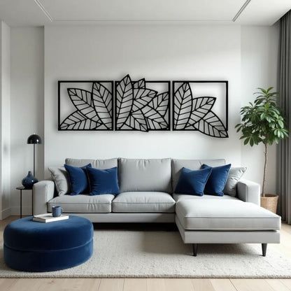 Modern 3-piece wooden leaf wall art in black and brown, perfect for living room or above-sofa decor.
