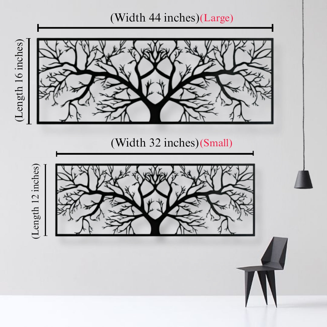 Wall art with tree design measurements on a white wall with a black chair.