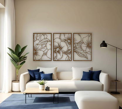 legant three panel wooden wall art with floral and leaf design in wood brown color for home décor