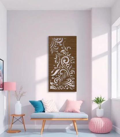 Decorative brown wooden wall panel with intricate floral pattern for wall hanging