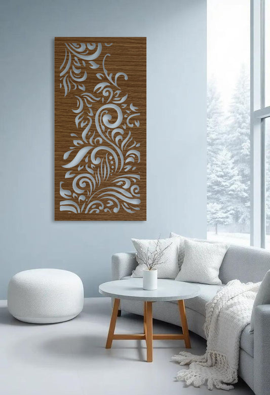 Decorative brown wooden wall panel with intricate floral pattern for wall hanging