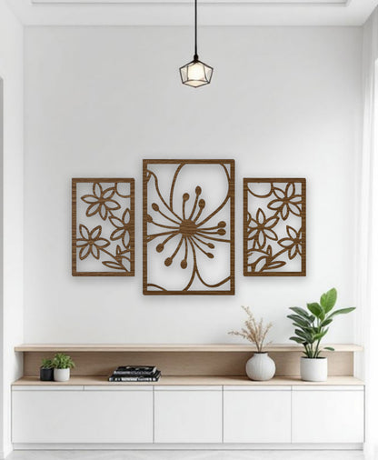 Modern wood brown 3-piece wall art with floral carved design for home décor
