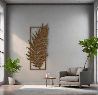 Elegant natural wood brown wall panel with intricate palm leaf carving, ideal for modern boho or tropical room decor