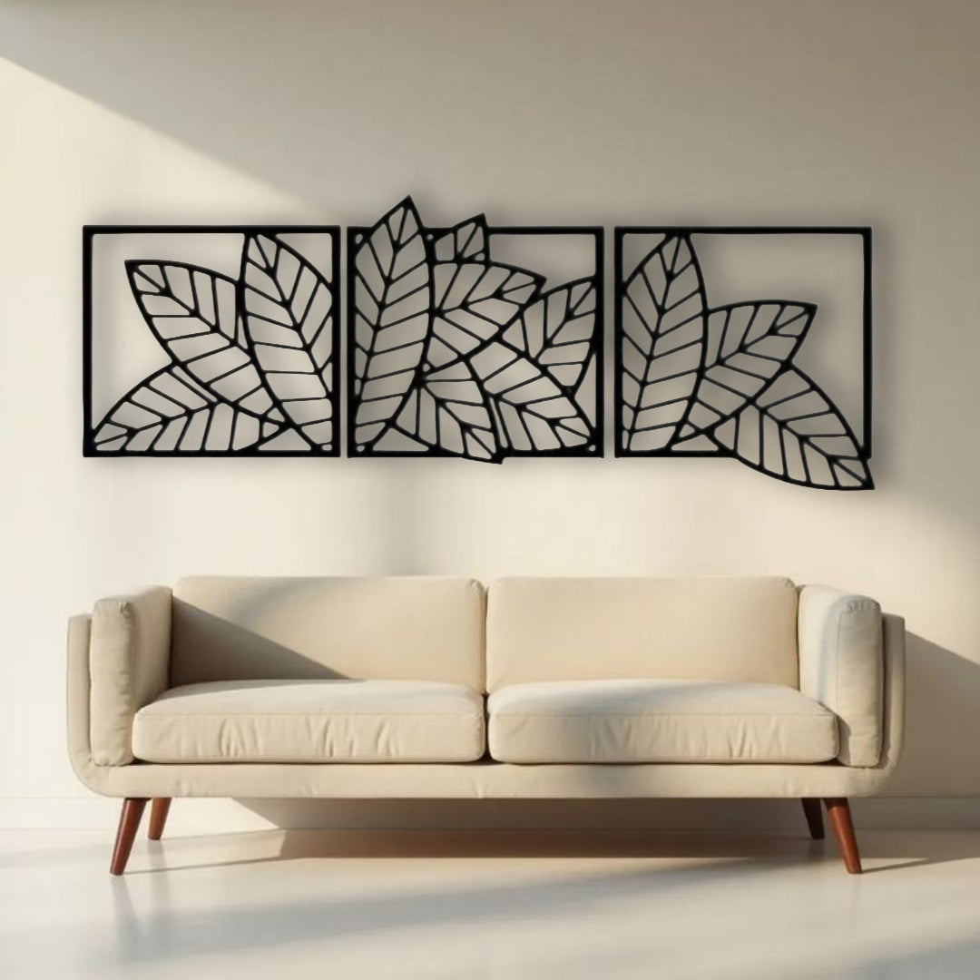 Nature-inspired wooden wall panels featuring a leaf design in large and medium sizes.