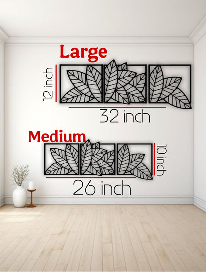 Nature-inspired wooden wall panels featuring a leaf design in large and medium sizes.