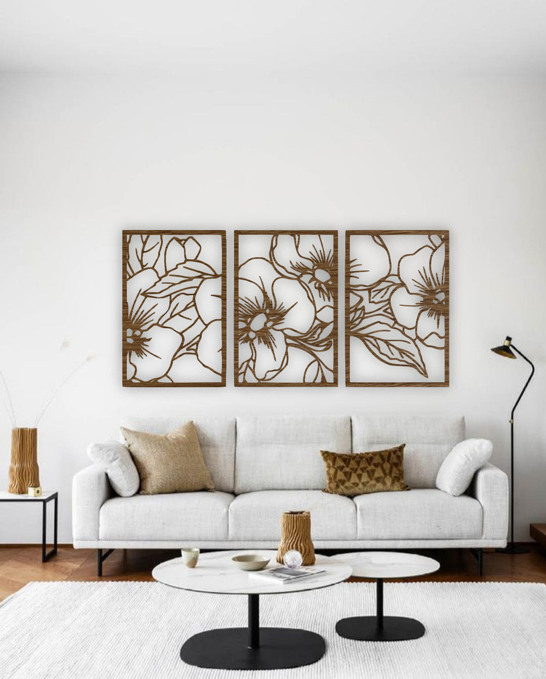 legant three panel wooden wall art with floral and leaf design in wood brown color for home décor