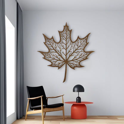Maple leaf wooden wall art in brown color mounted on living room wall