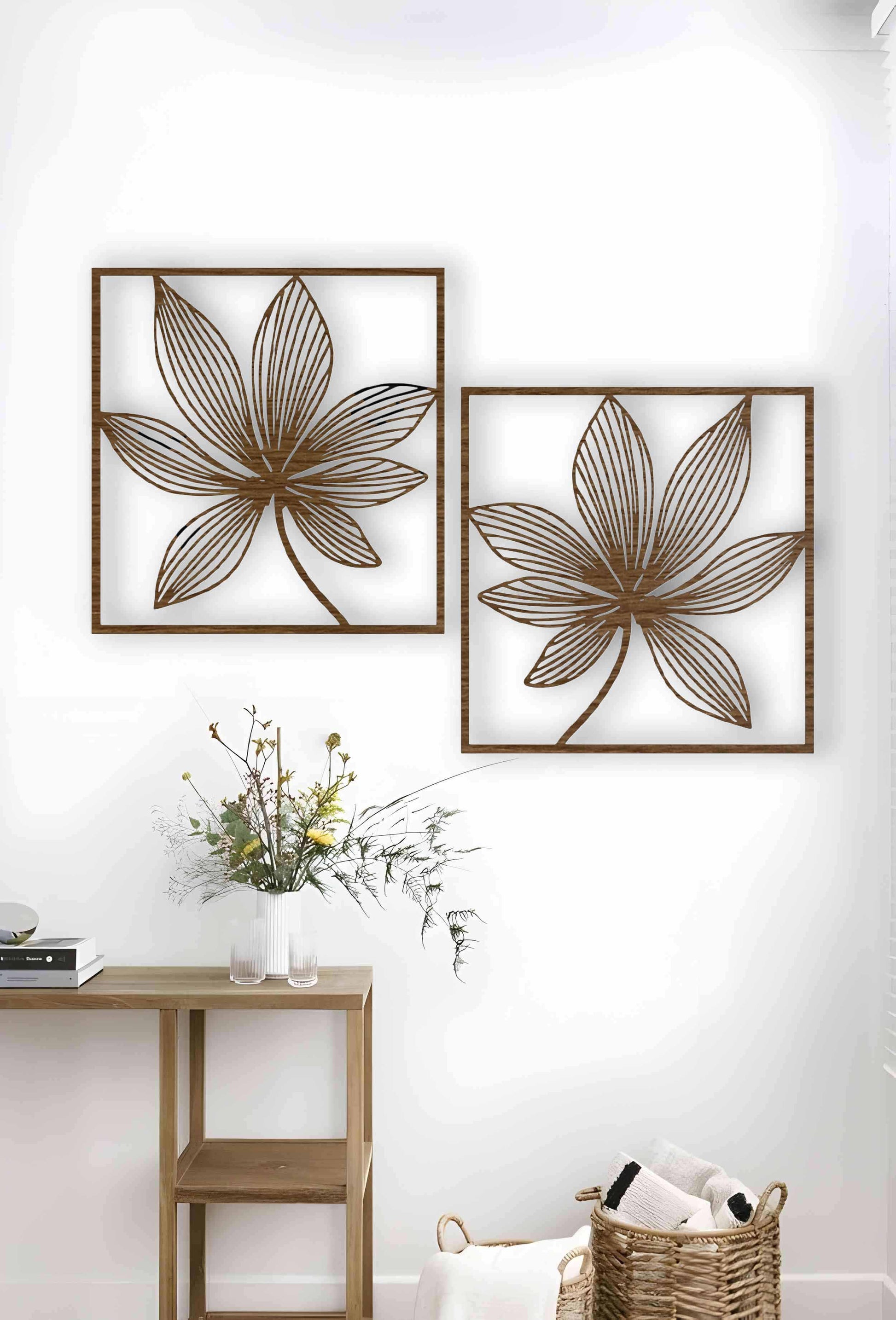 Floral wooden wall art in brown color displayed on modern living room wall