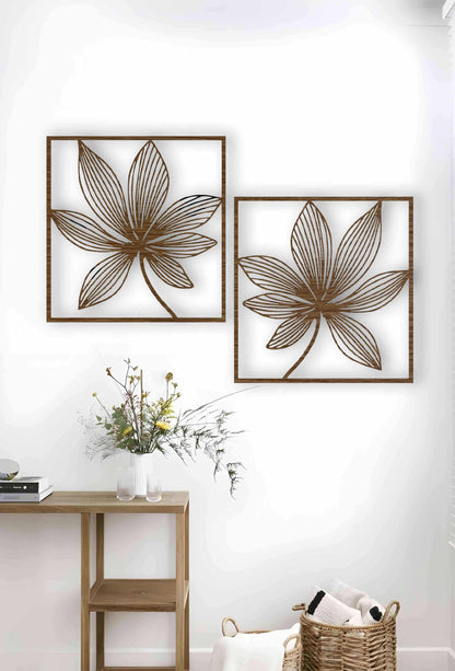 Floral wooden wall art in brown color displayed on modern living room wall