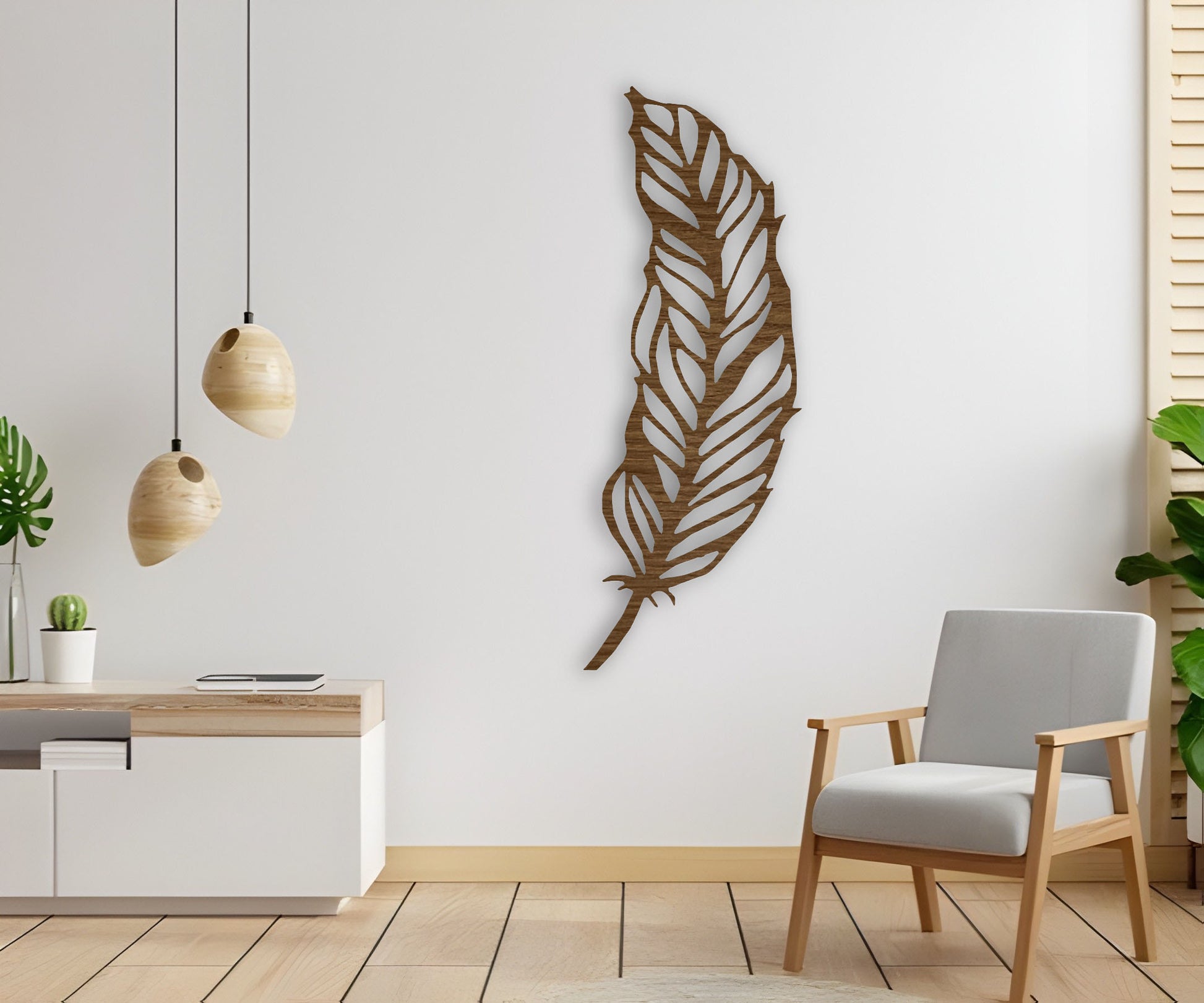 Modern brown feather wooden wall art mounted on white wall in minimalist room with chair and hanging pendant lights