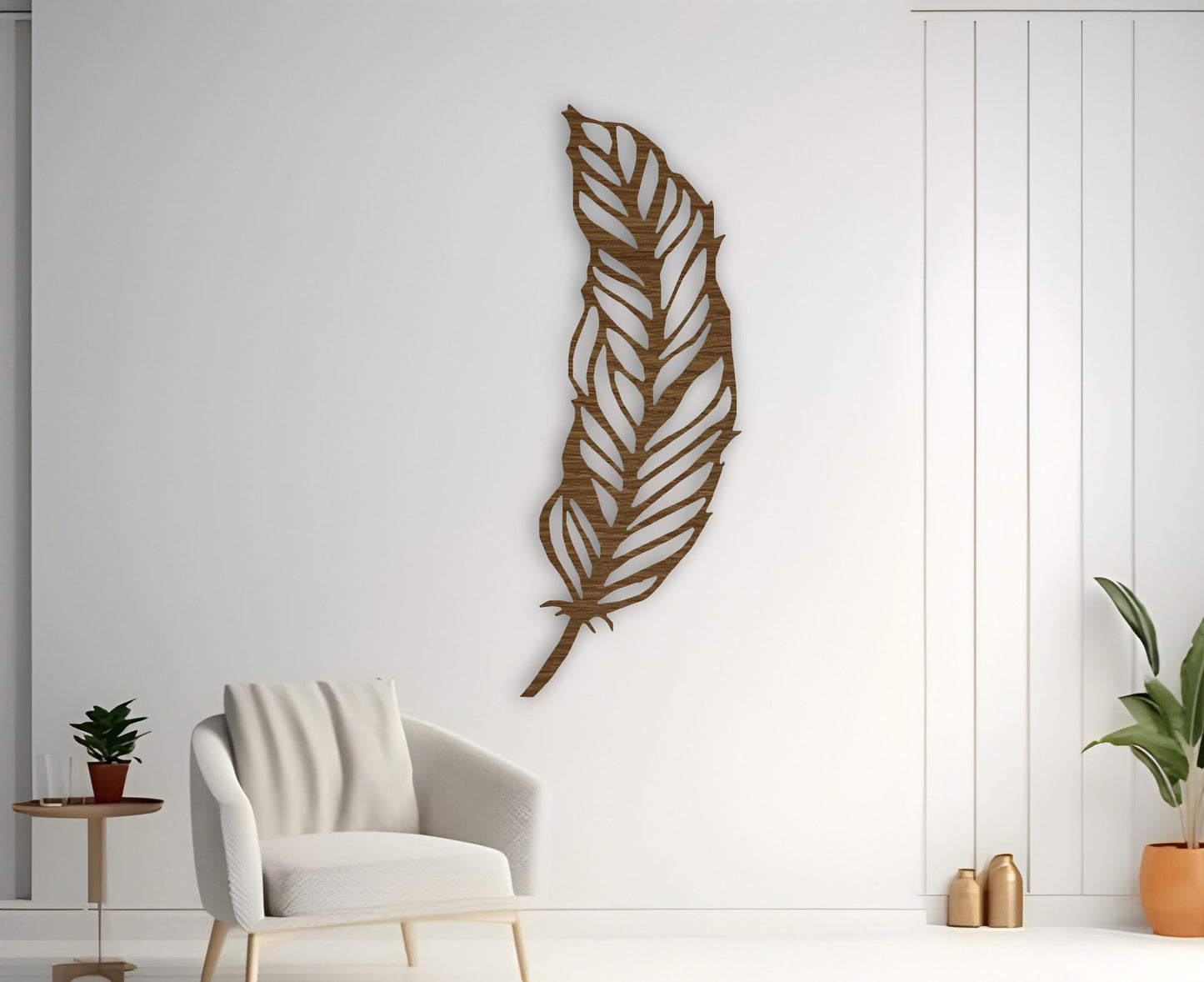 Modern brown feather wooden wall art mounted on white wall in minimalist room with chair and hanging pendant lights