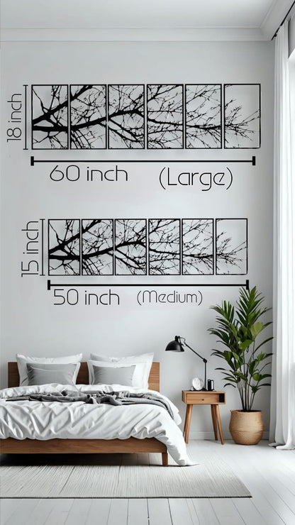 "Wall art size comparison showing large 60x18 inch and medium 50x15 inch laser cut wooden branch design panels on bedroom wall"