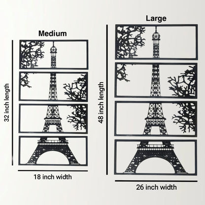 Comparison chart of Eiffel Tower wall stickers in medium and large sizes with dimensions.