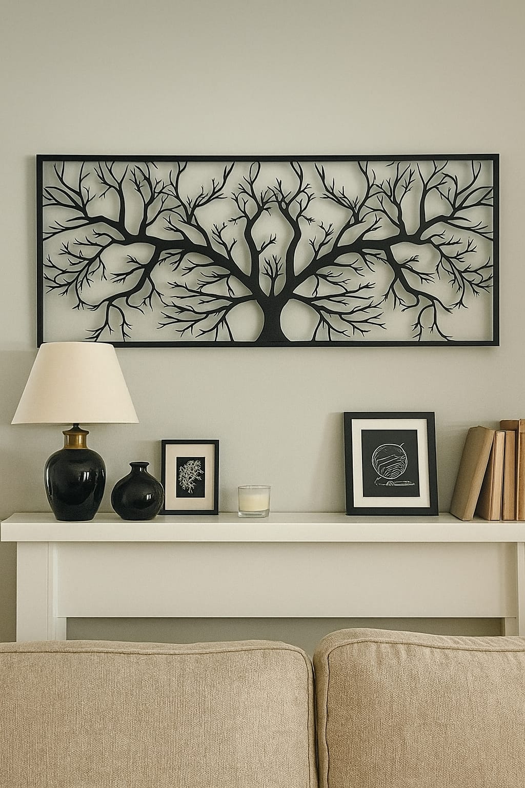 Decorative wall art of a tree with branches on a wall above a shelf with books and a lamp.