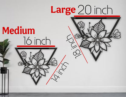 Triangle-shaped floral wooden wall art in black, displayed above a modern white office desk setup