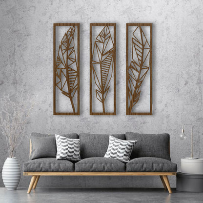 Natural wood brown decorative wall panels with abstract geometric feather cutouts, set of three, perfect for contemporary or rustic-themed interiors.