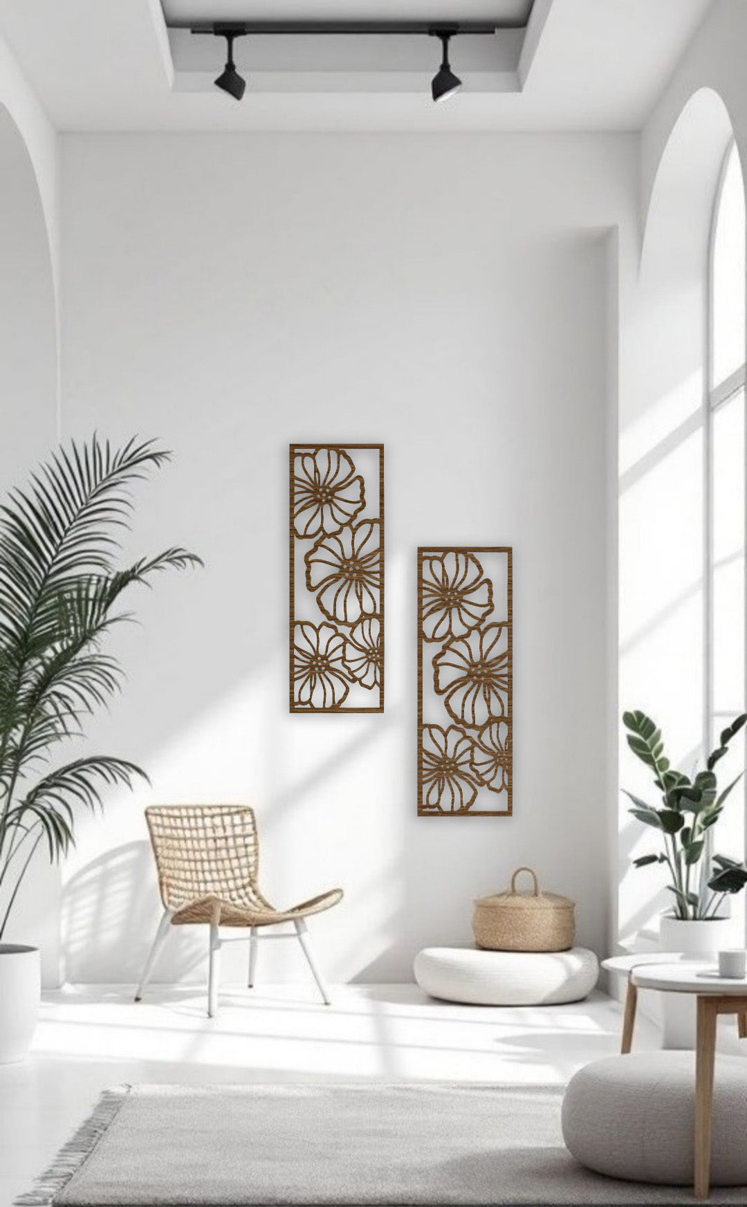 Wood brown floral wall art panels, 11x30 inches, displayed on a teal wall above a grey armchair with a turquoise throw and indoor plant, perfect for cozy modern interiors.